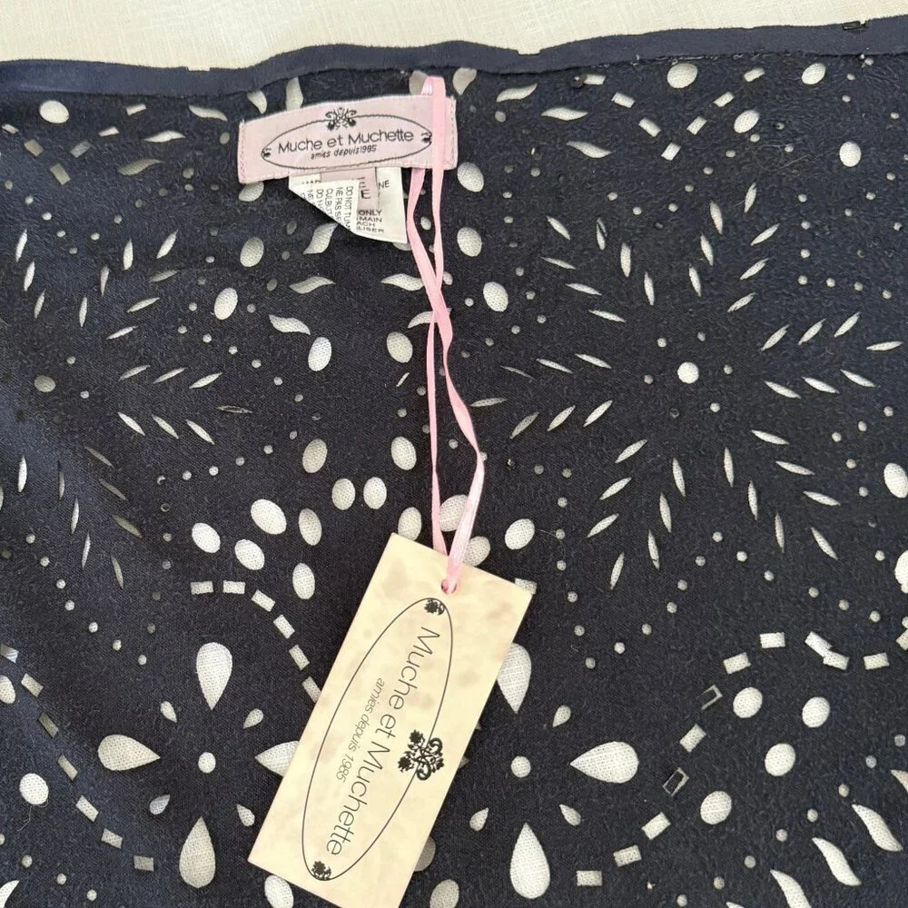 Muche et Muchette Navy Laser Cut Fringe Faux Suede Shawl NWT